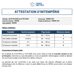 Attestation intempérie de chantier avec relevés quotidiens ciblés (sur plage horaire)